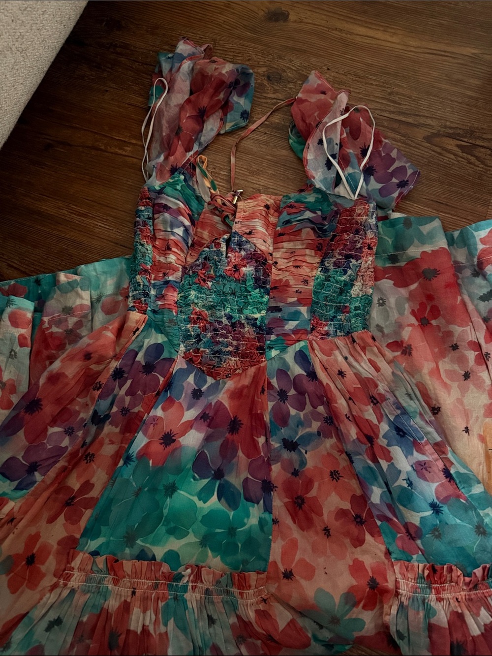 Free People Floral Maxi Dress in Teal and Coral xs 2-4 - Picture 3 of 3